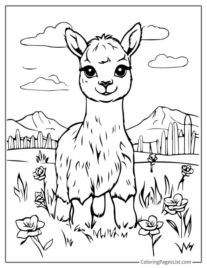 Llama Standing In Midst Of Flowers