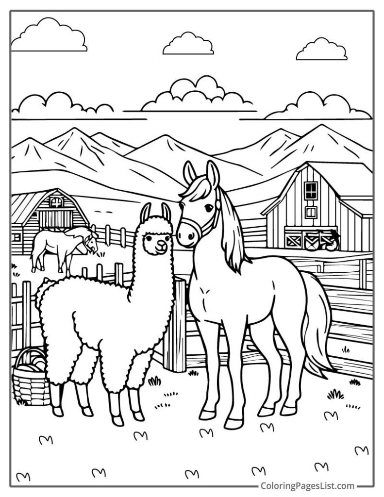 Llama Vs Horse Standing In The Farm Coloring Page For Kids