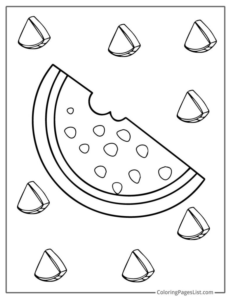 Simple Watermelon Bite With Slices Coloring For Toddlers