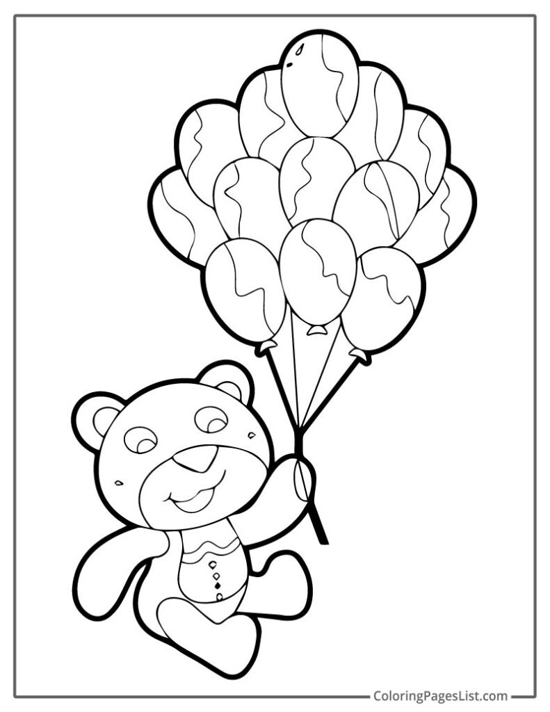 Teddy Bear Smiling And Holding Bunch Of Balloon Coloring Page