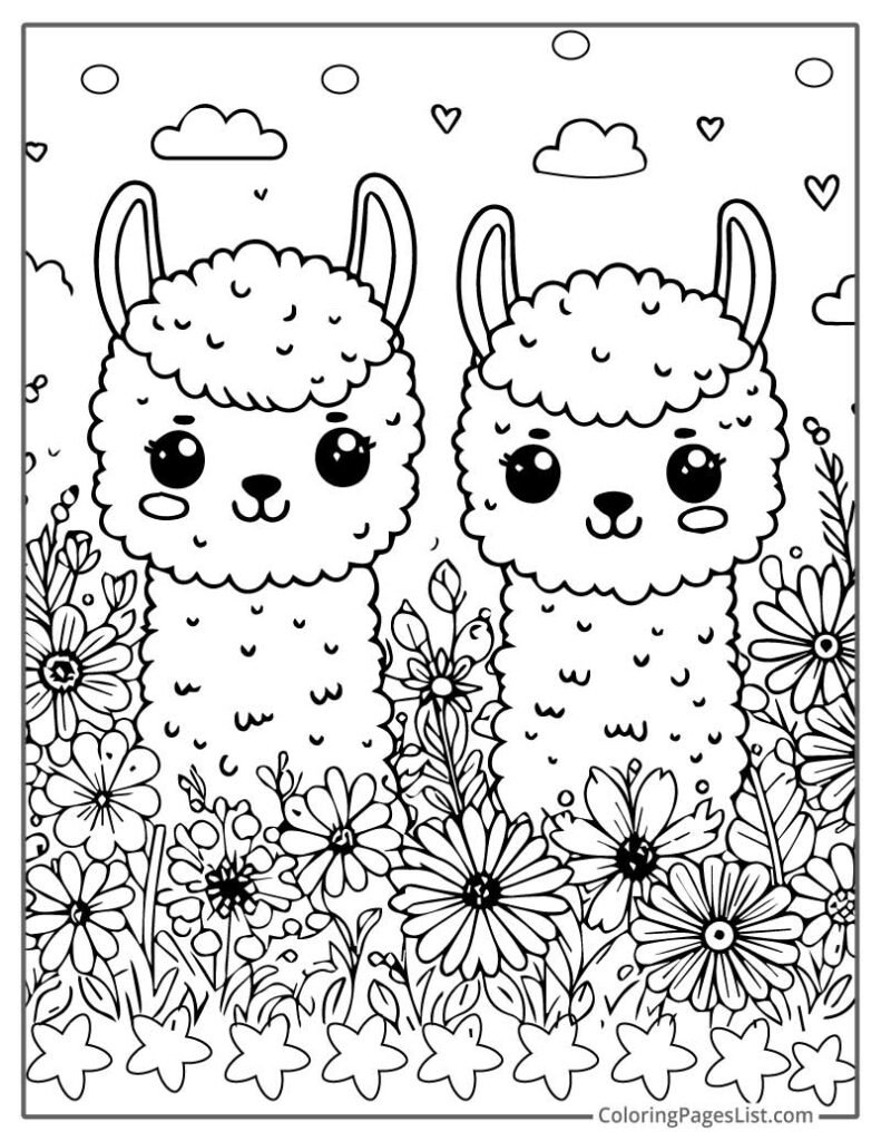 Two Cute Llamas In Field Of Flowers