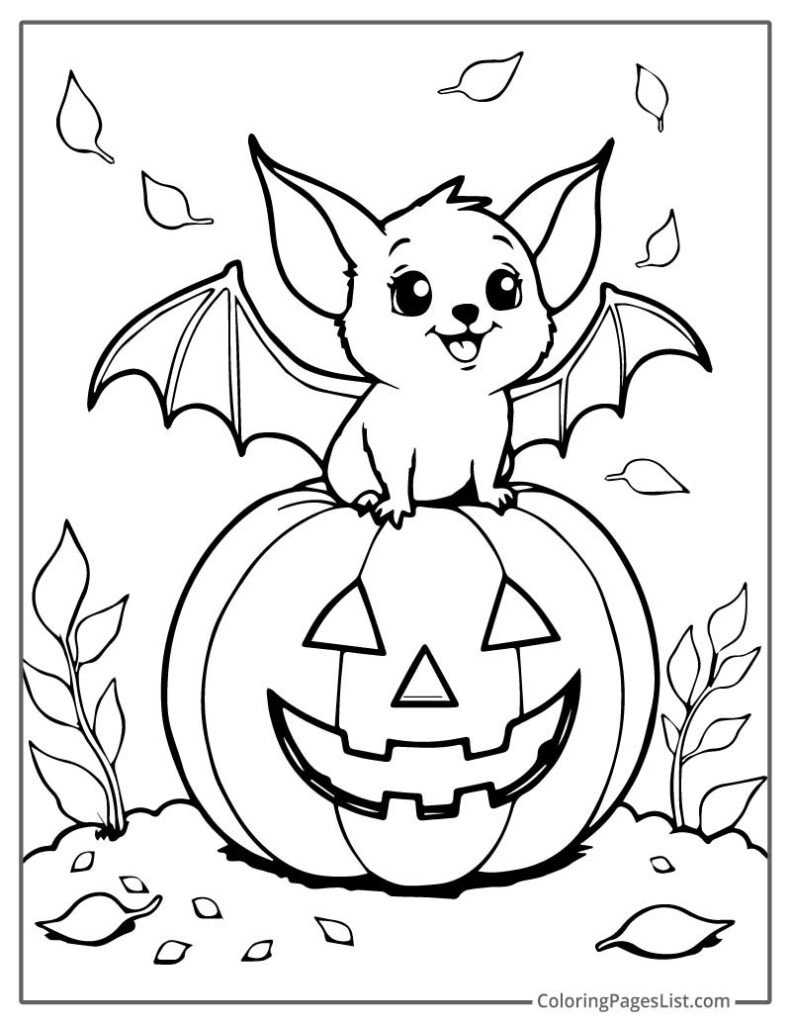 Bat Smiling Sitting On Sitting On Jack O Lantern Halloween Coloring Page