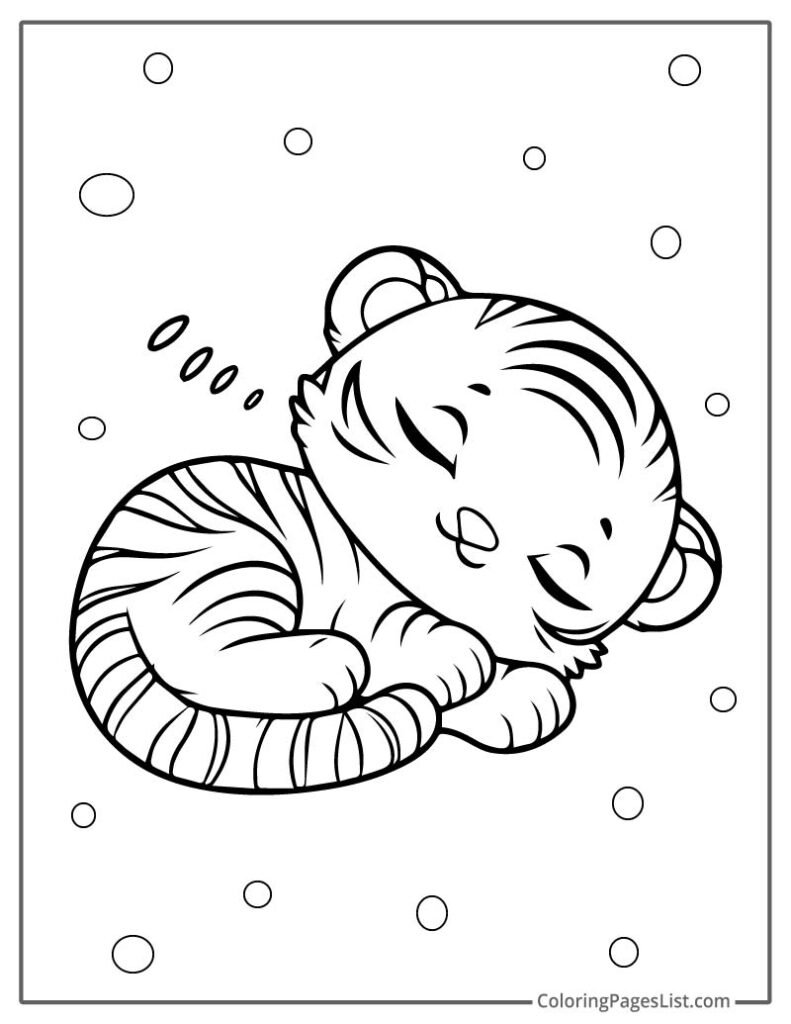 Cute Baby Tiger Sleeping Coloring Page For Kids