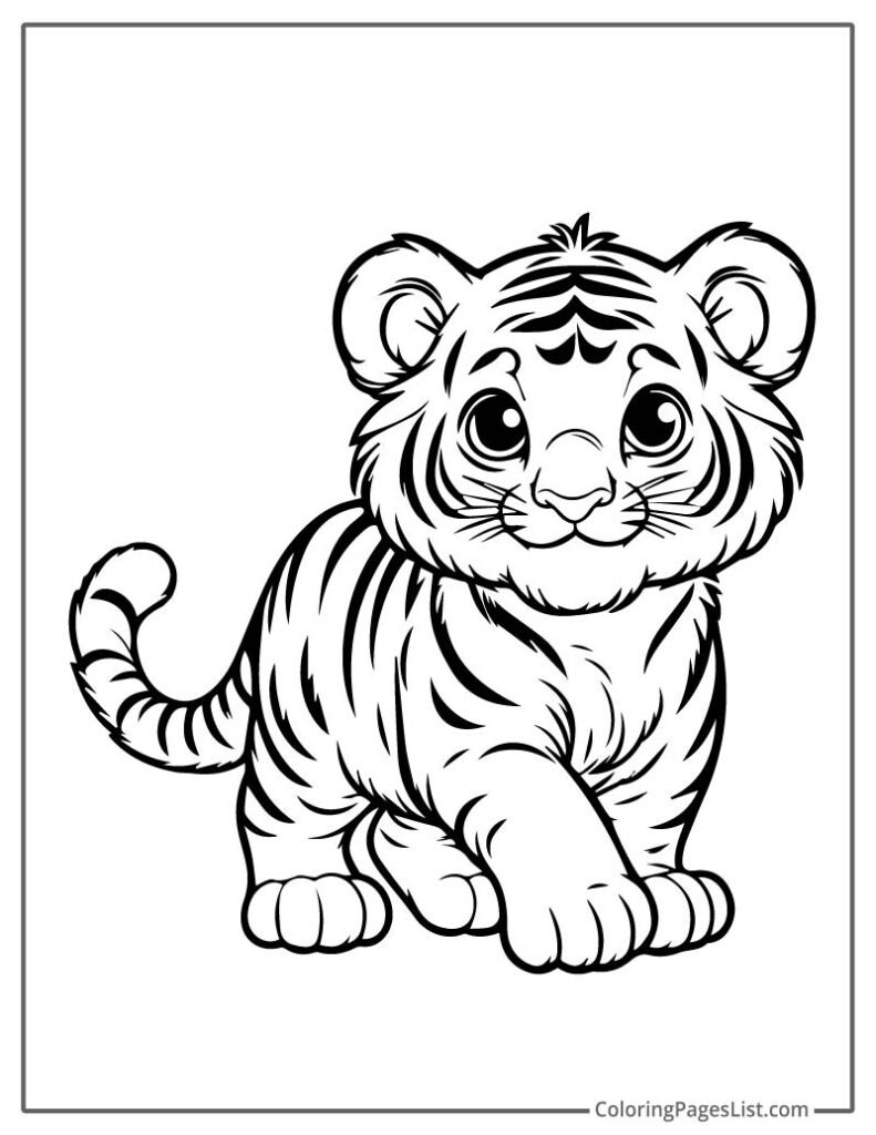 Smiling Simple Outline Of Tiger Coloring Page