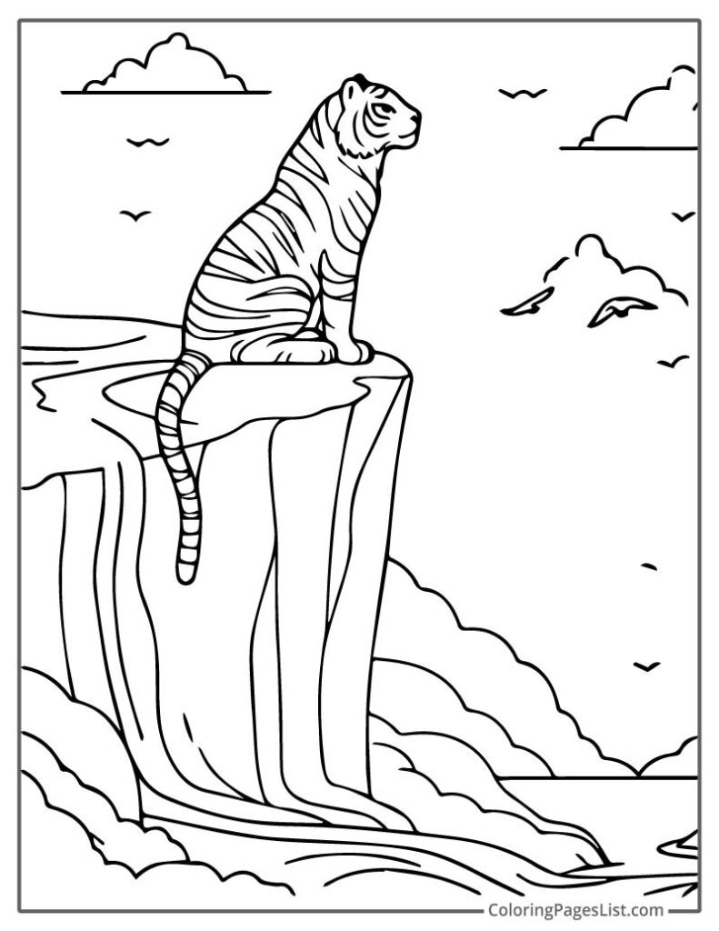 Tiger Sitting On The Mountain And Looking At The Clouds For Coloring