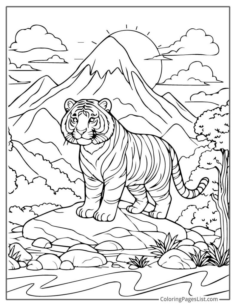 Tiger Standing On The Rock In The Jungle Coloring Page