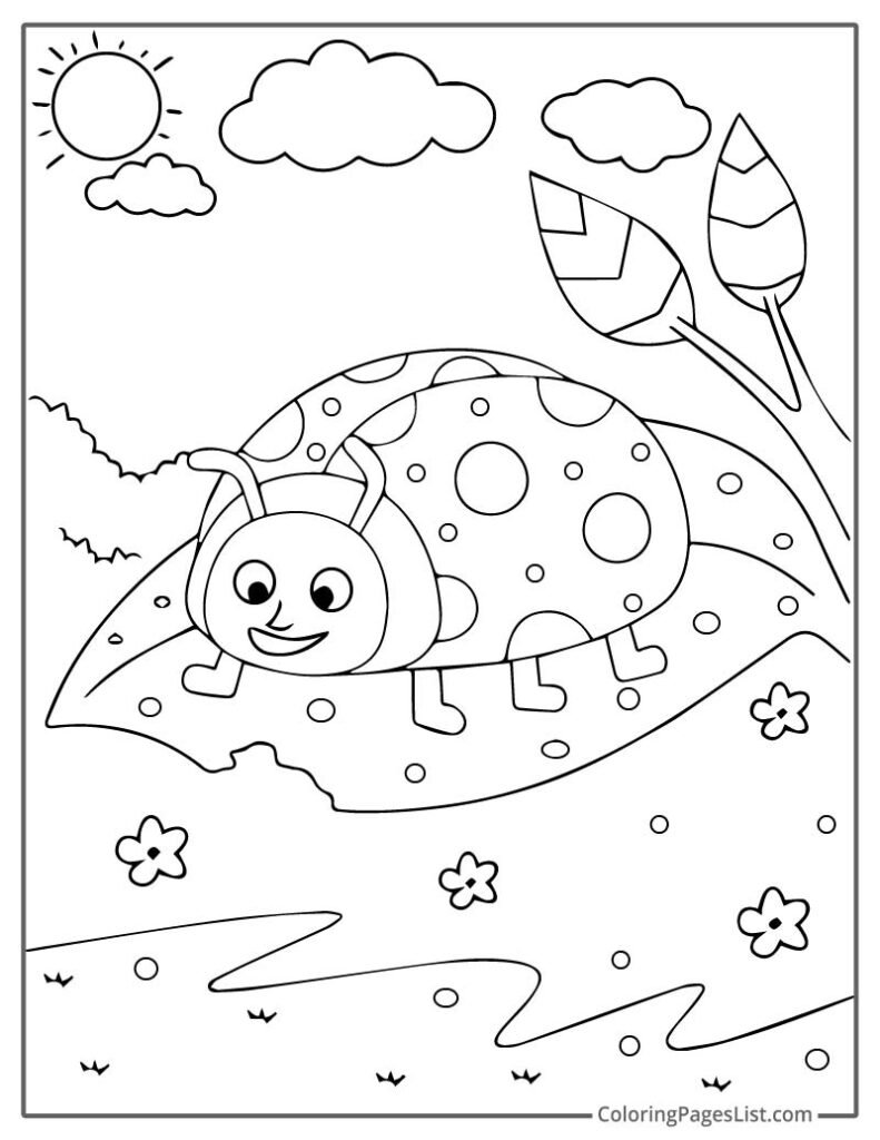 Ladybug Sitting On The Leave Coloring Page