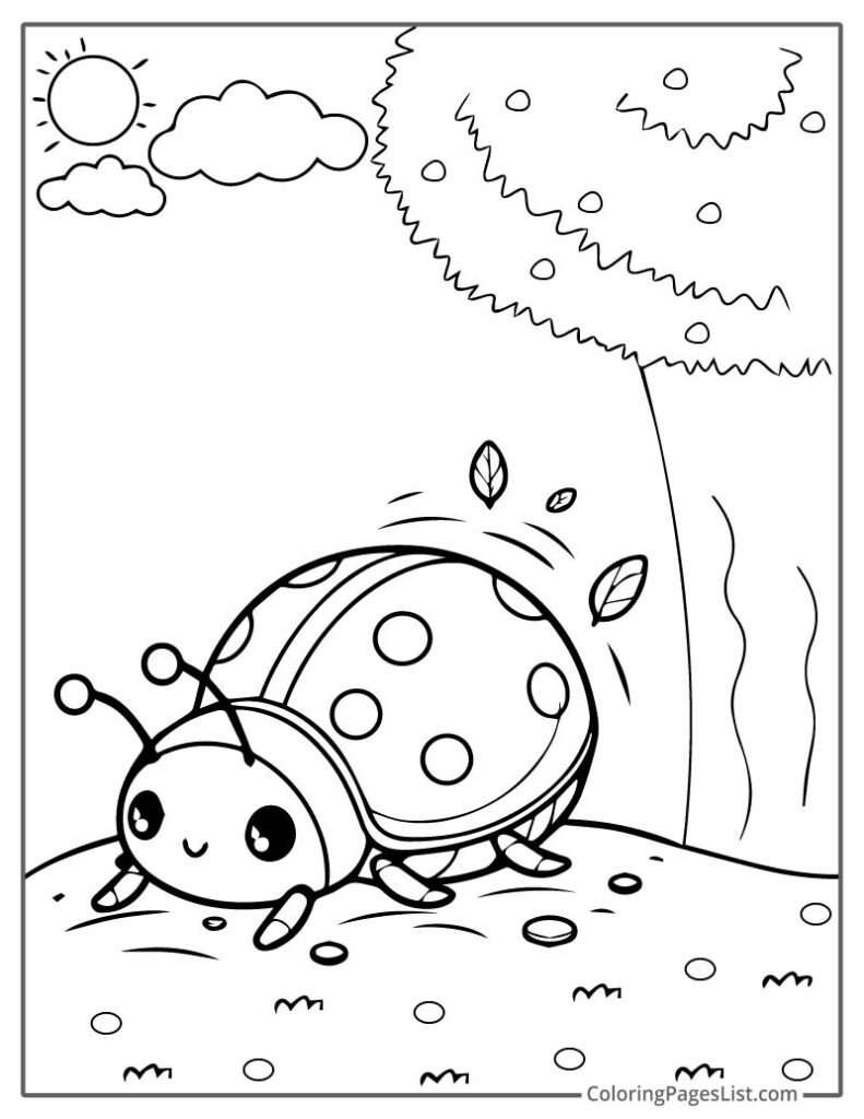 Ladybug Walking On The Ground Near The Tree Coloring Sheet
