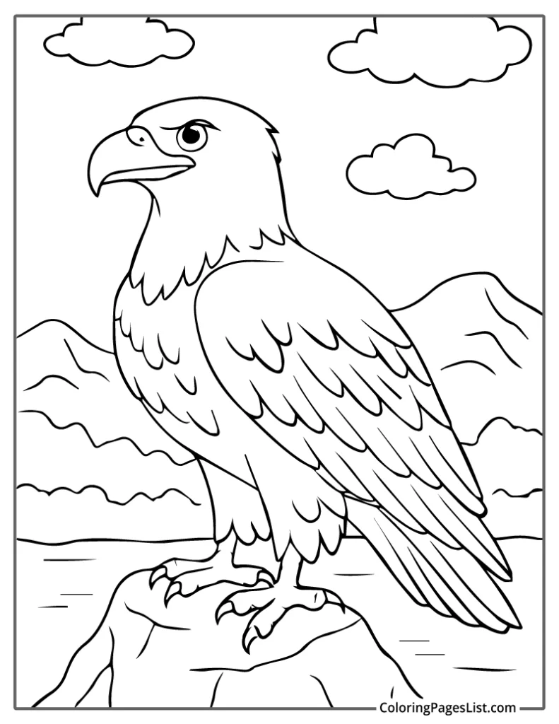 Bald Eagle on a Rocky Cliff with Mountains