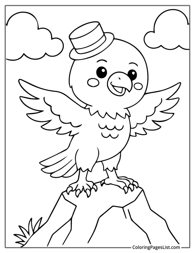 Cartoon Eagle Wearing a Hat on a Rock To Color In