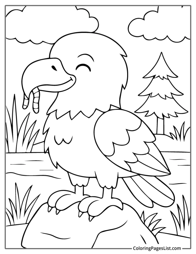 Cute Cartoon Bald Eagle Holding a Worm and Smiling