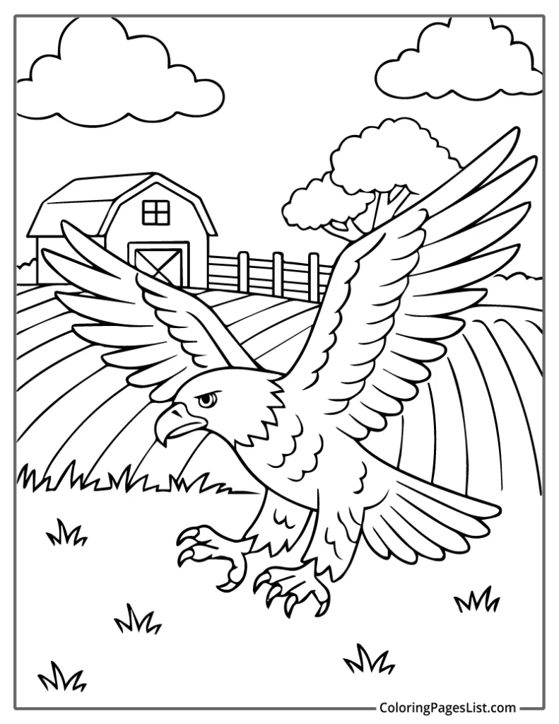 Eagle Landing in a Farm Field Coloring Page