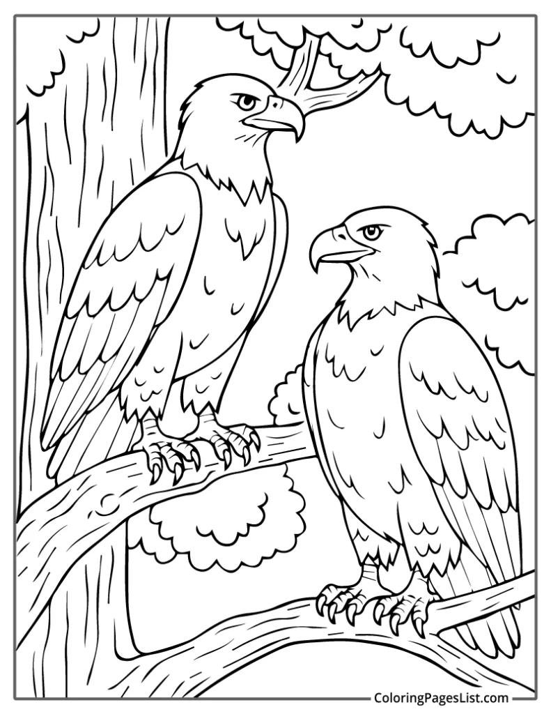 Two Bald Eagles on Tree Branches Coloring Page