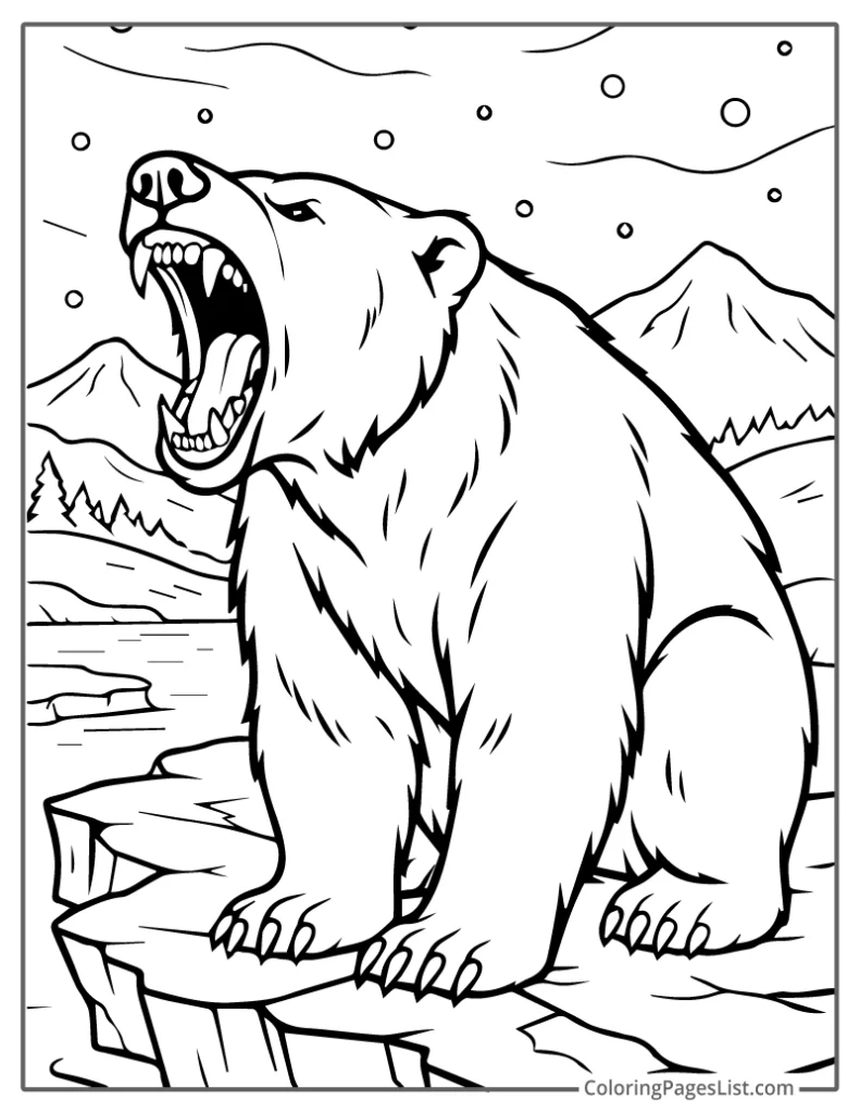 Angry Polar Bear Roaring on a Frozen Cliff Coloring Page