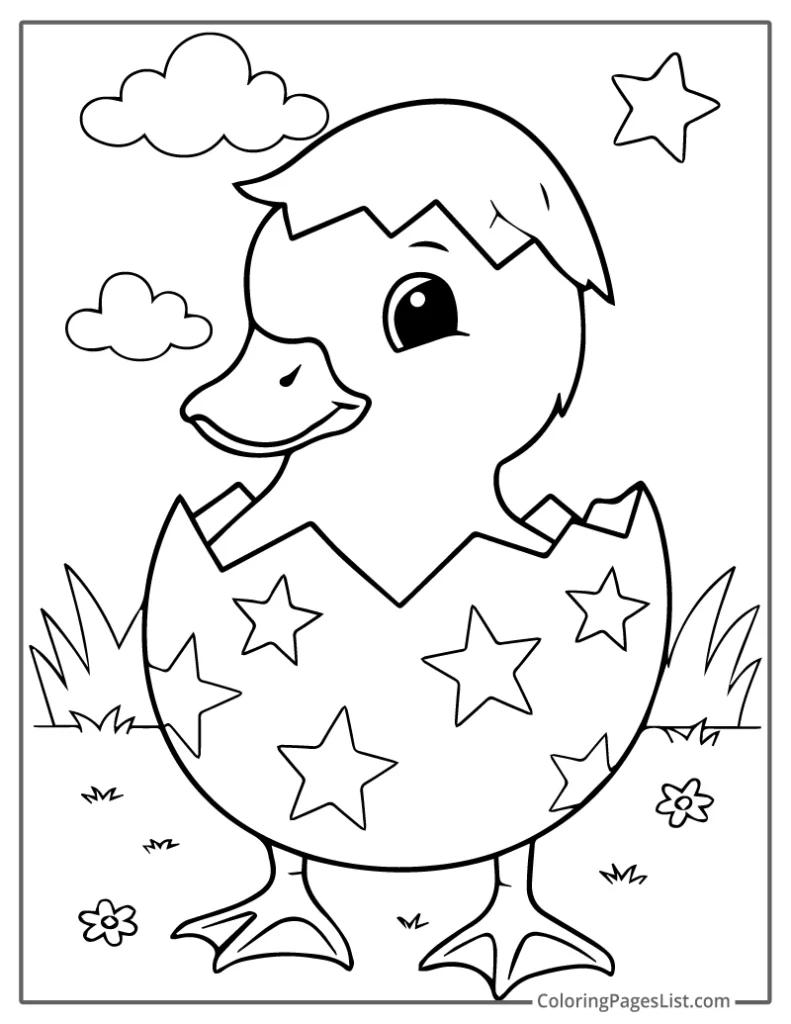 Baby Duck Hatching From Star Eggshell Coloring Sheet