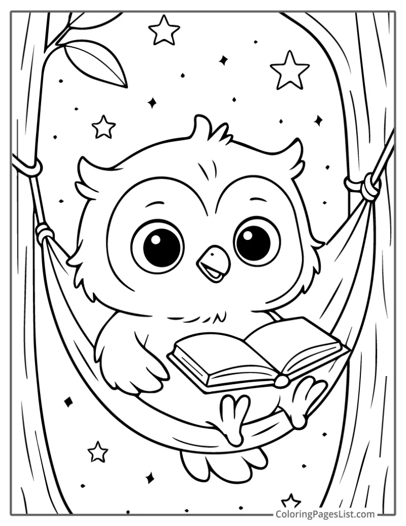 Baby Owl Reading a Book in a Cozy Hammock Coloring Sheet