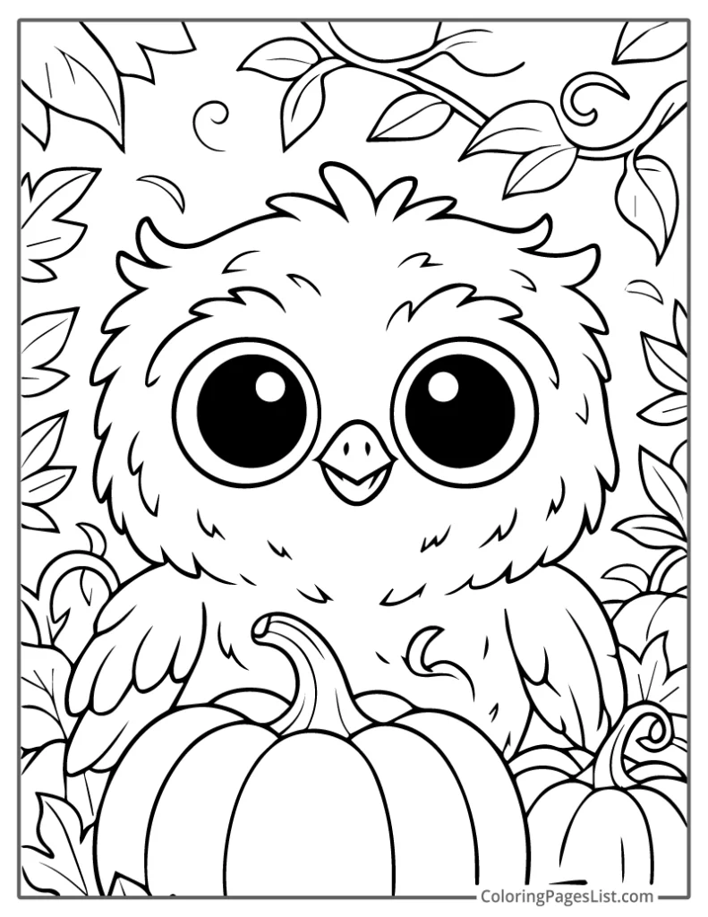 Baby Owl Surrounded by Pumpkins and Leaves To Color In