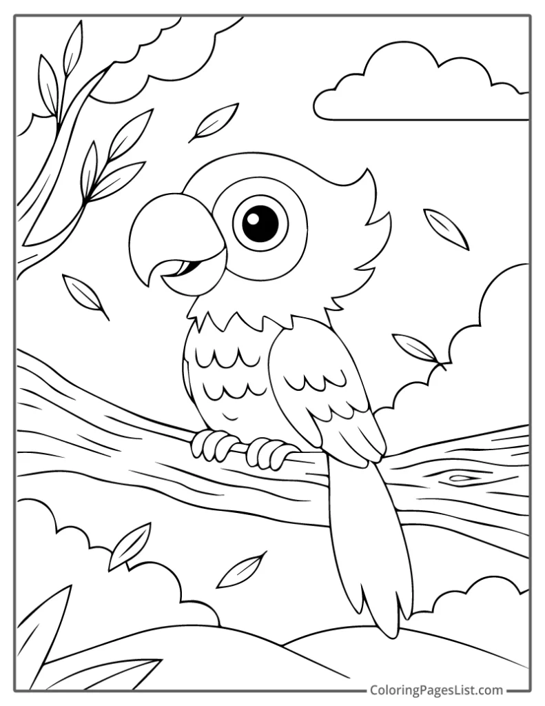Baby Parrot On A Branch With Falling Leaves Coloring Page