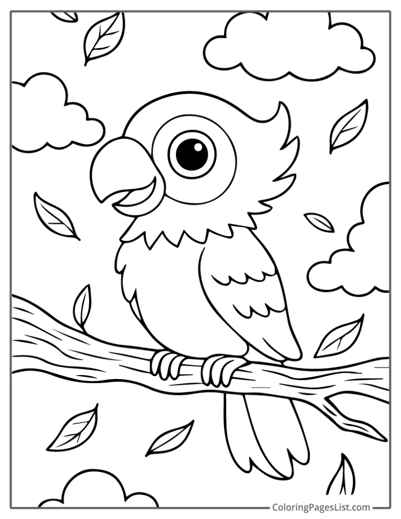 Baby Parrot Sitting On Branch With Falling Leaves