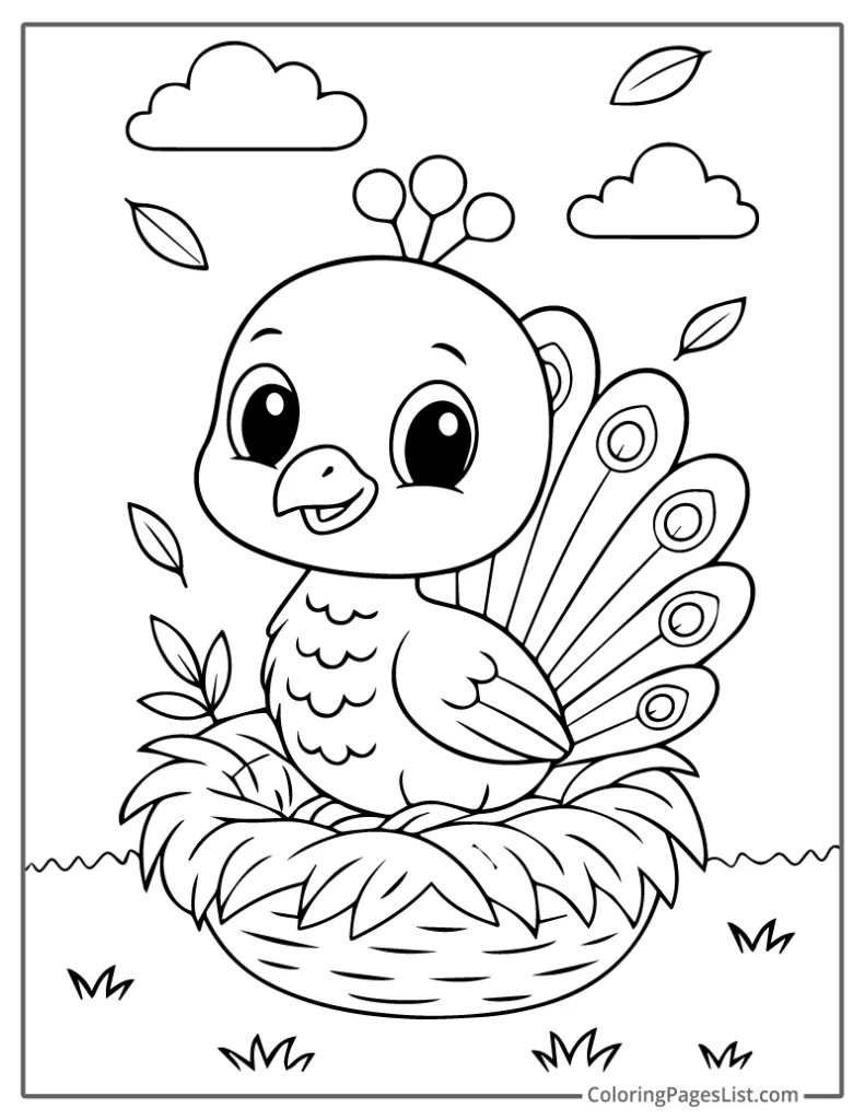 Baby Peacock Sitting Happily In A Cozy Nest Coloring Page