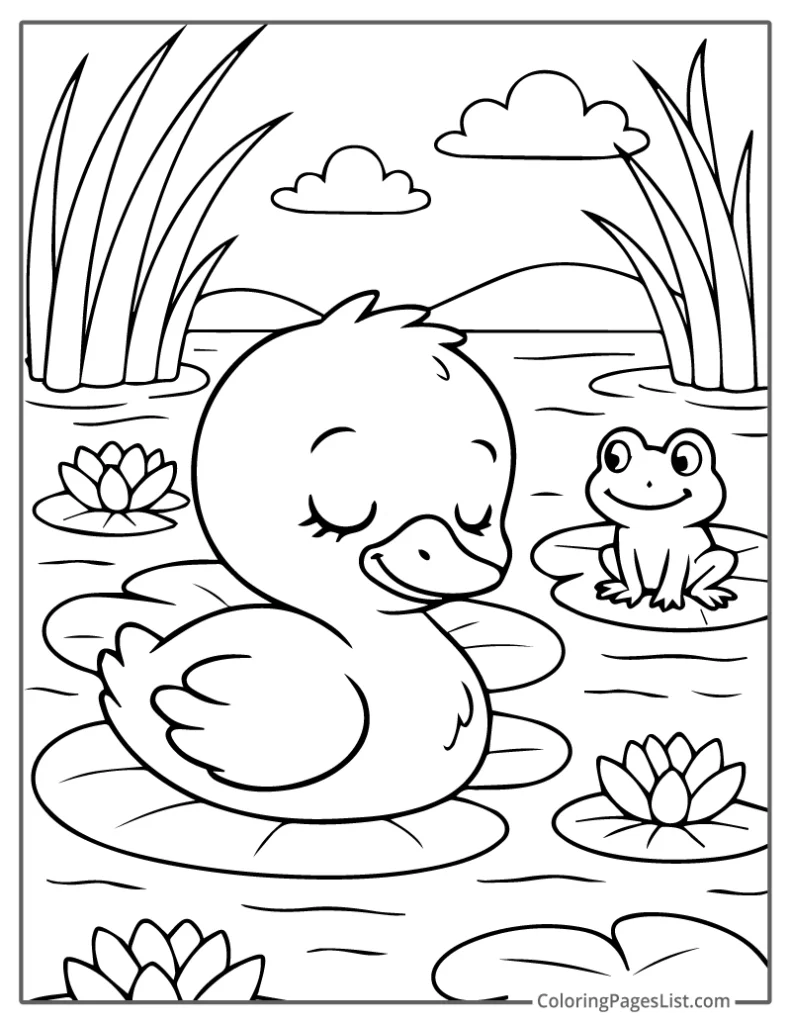 Baby Swan Resting on a Lily Pad with Frog Nearby Coloring Page