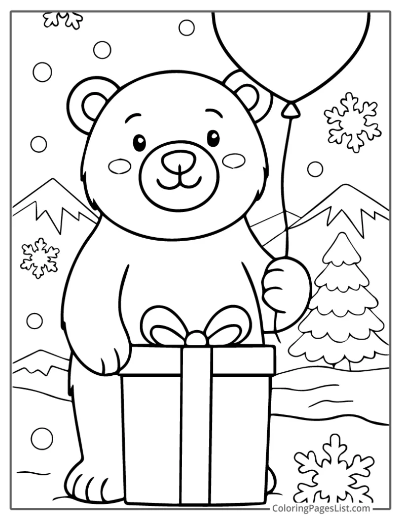 Bear Holding a Balloon and Gift in the Snow To Color In