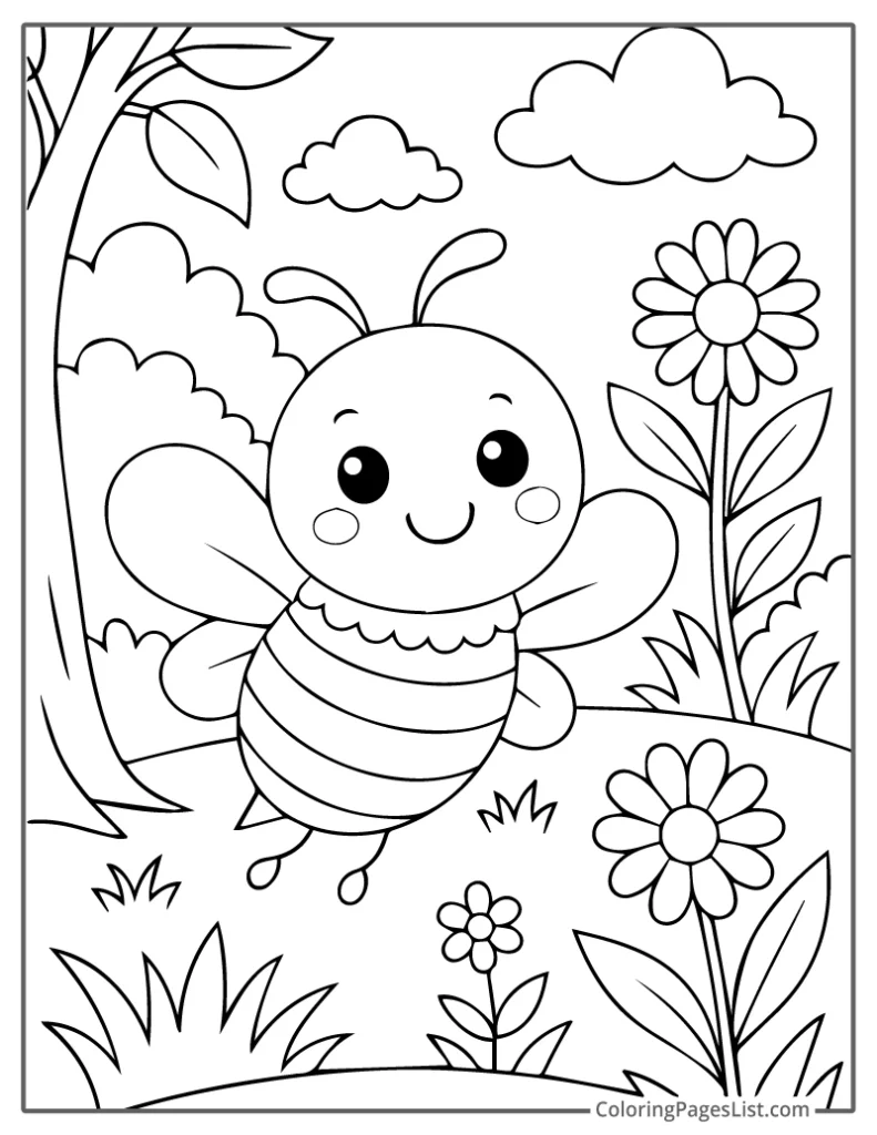 Bee Buzzing in a Colorful Flower Meadow To Color In