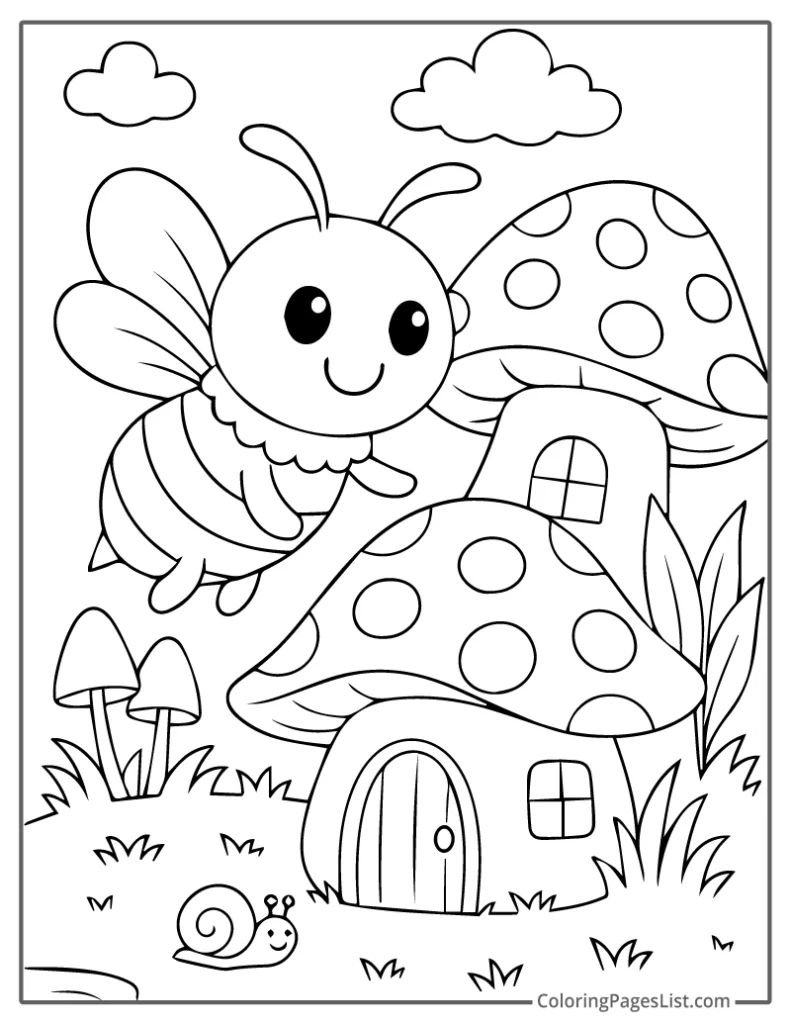 Bee Flying Past a Mushroom House with a Snail Nearby For Coloring