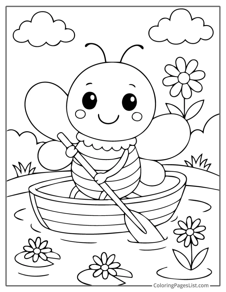 Bee Rowing a Boat on a Flower Pond For Coloring
