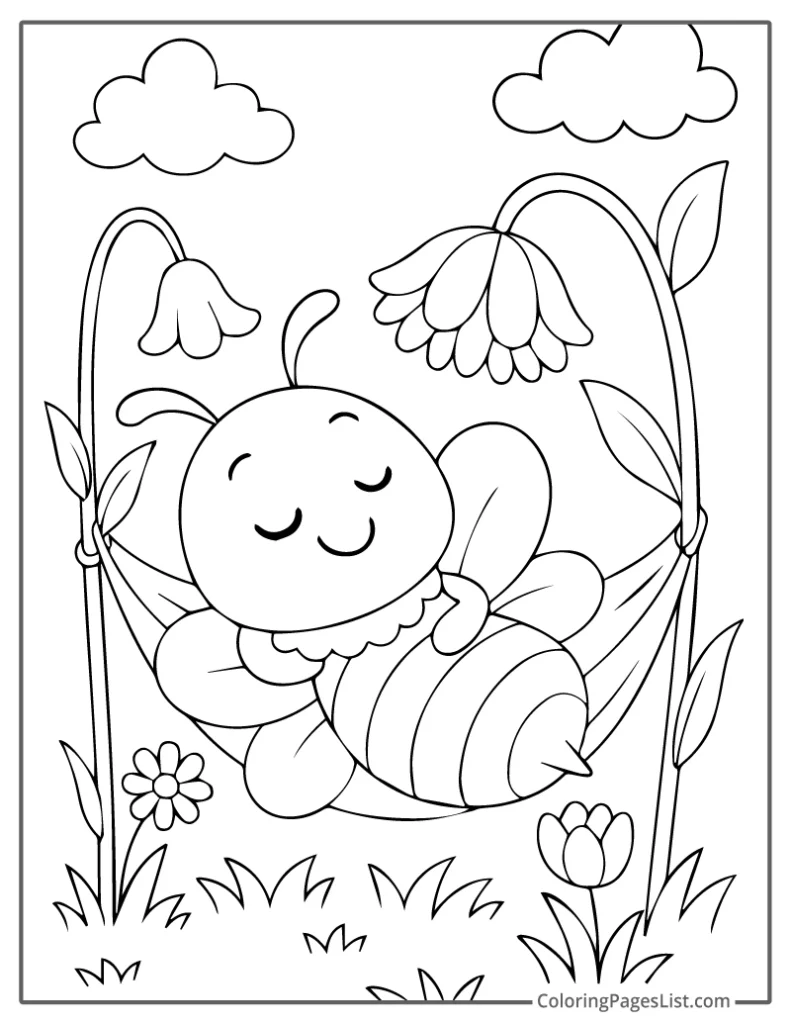 Bee Sleeping Peacefully in a Flower Hammock For Coloring