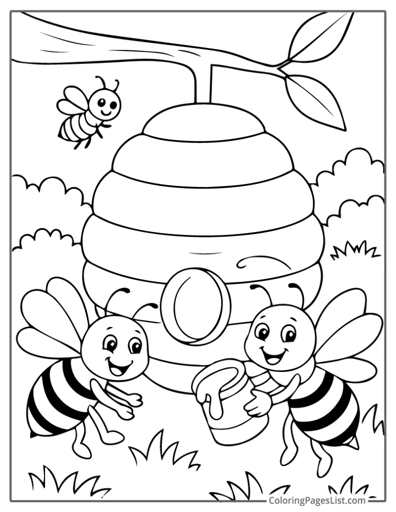 Bees Gathering Honey Beside Their Hive Coloring Sheet For Kids