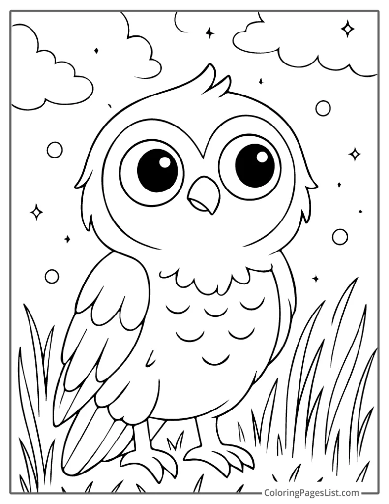 Big-Eyed Owl Standing in Moonlit Grass Coloring Sheet