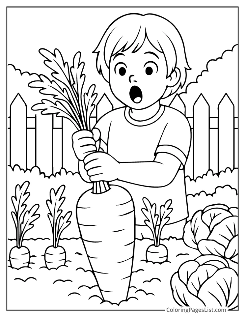 Boy Pulling a Giant Carrot in the Garden To Color In