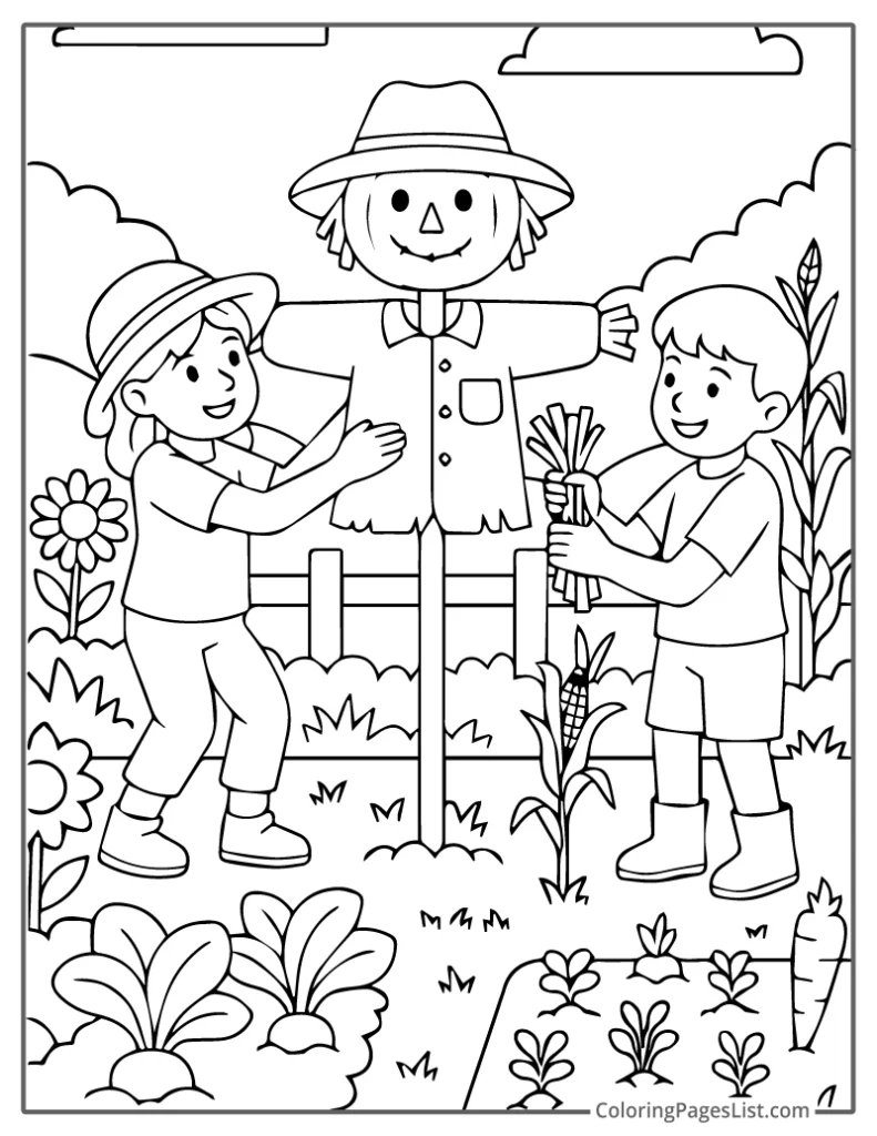 Building a Scarecrow in the Garden Patch To Color In