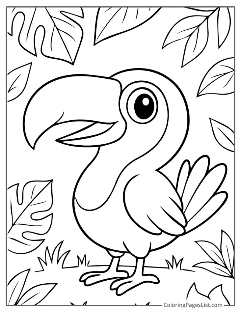Cartoon Toucan Standing Among Leaves For Coloring