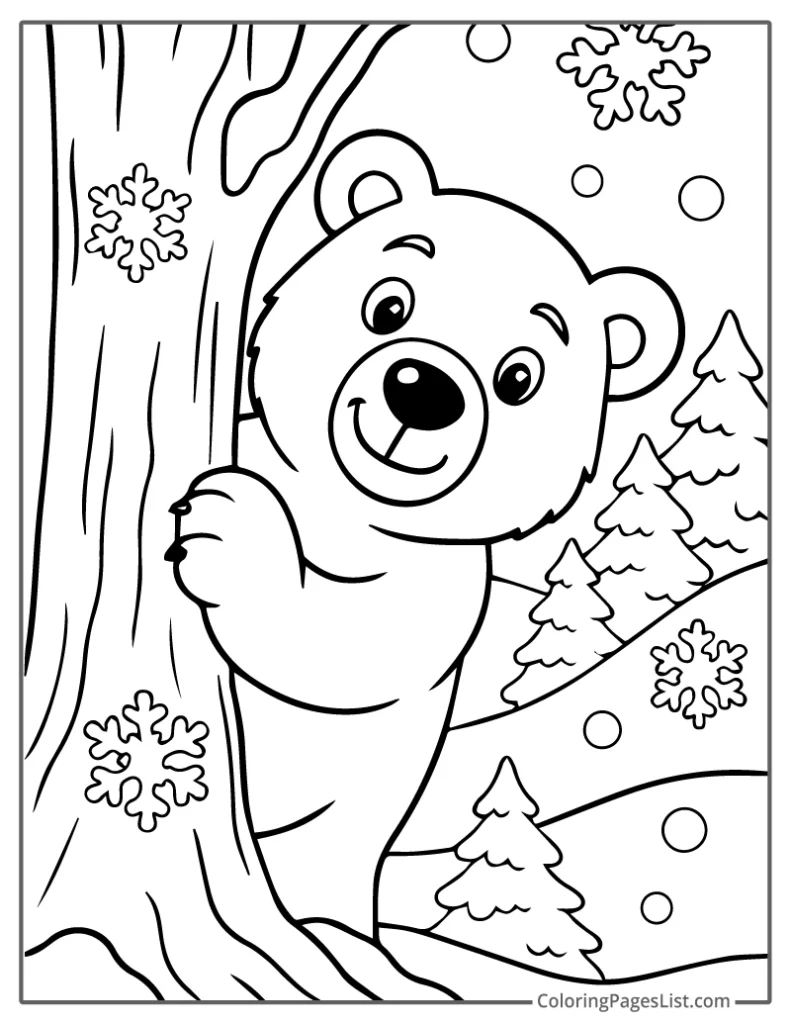 Cheerful Bear Peeking from Behind a Tree Coloring Page