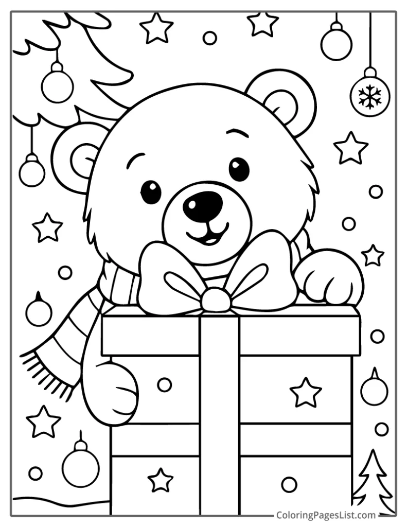 Christmas Bear Peeking Out of a Giant Gift Box For Coloring