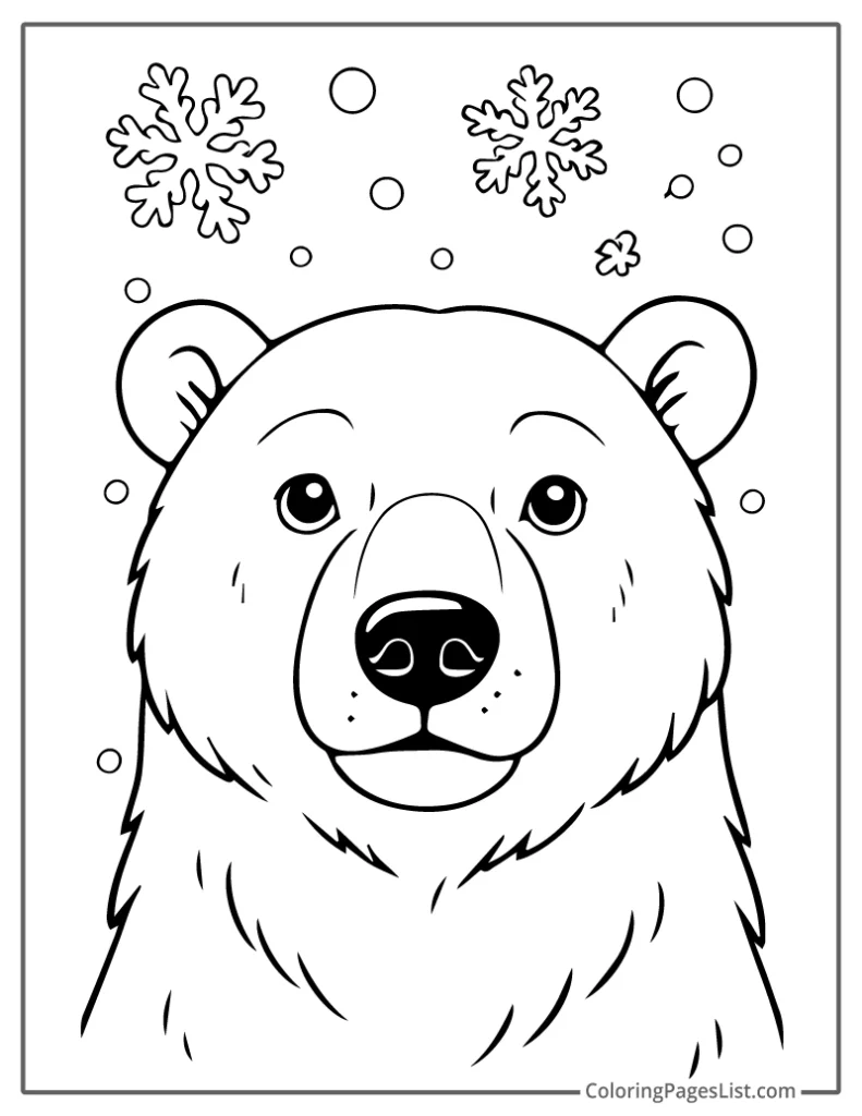 Close-Up of a Polar Bear with Snowflakes To Color In