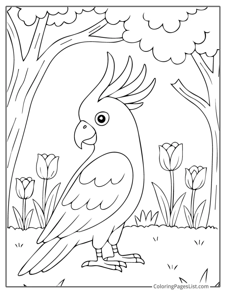 Cockatoo Among Tulips And Trees Coloring Page For Kids