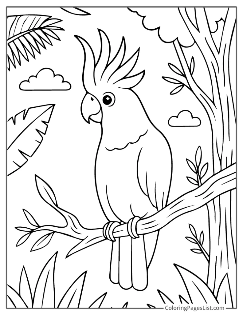 Cockatoo Resting On Tree Branch In Forest Coloring Sheet For Kids