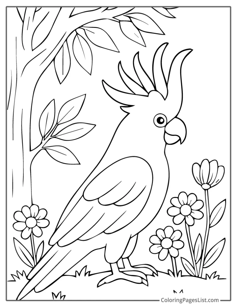 Cockatoo Standing In A Garden With Wildflowers