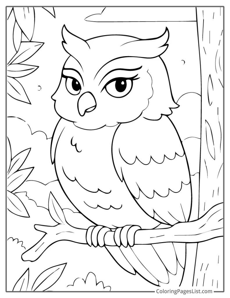 Confident Owl Resting on a Leafy Branch Coloring Sheet