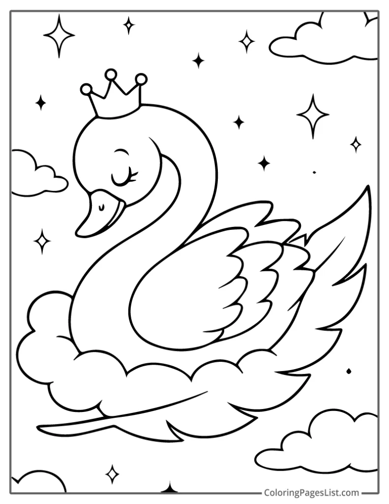 Crowned Swan Resting on a Cloud Coloring Sheet