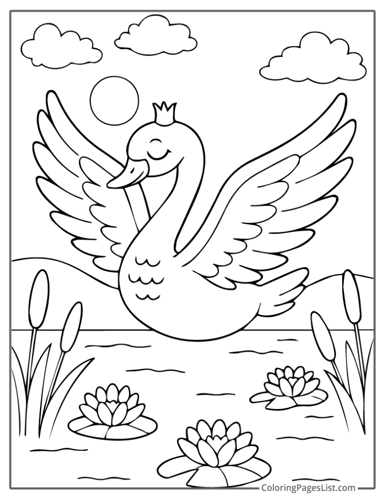 Crowned Swan Stretching Wings Near Lilies To Color In