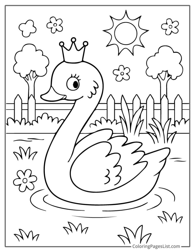 Crowned Swan Under the Sunny Sky For Coloring