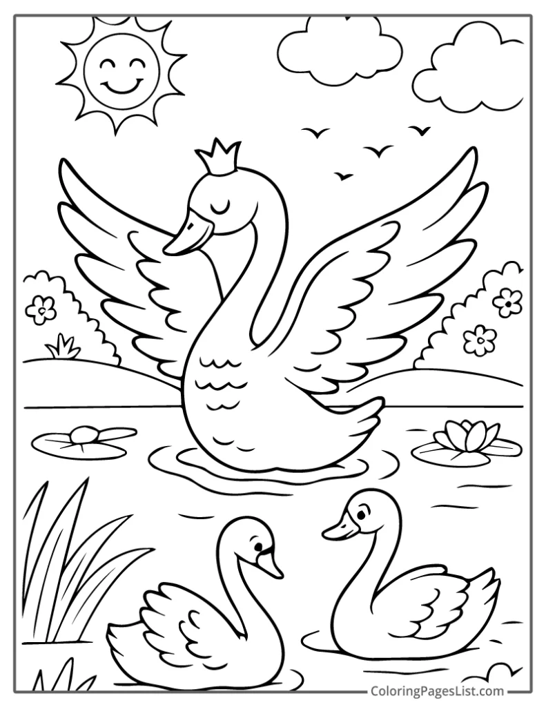 Crowned Swan with Two Companions in a Pond To Color In