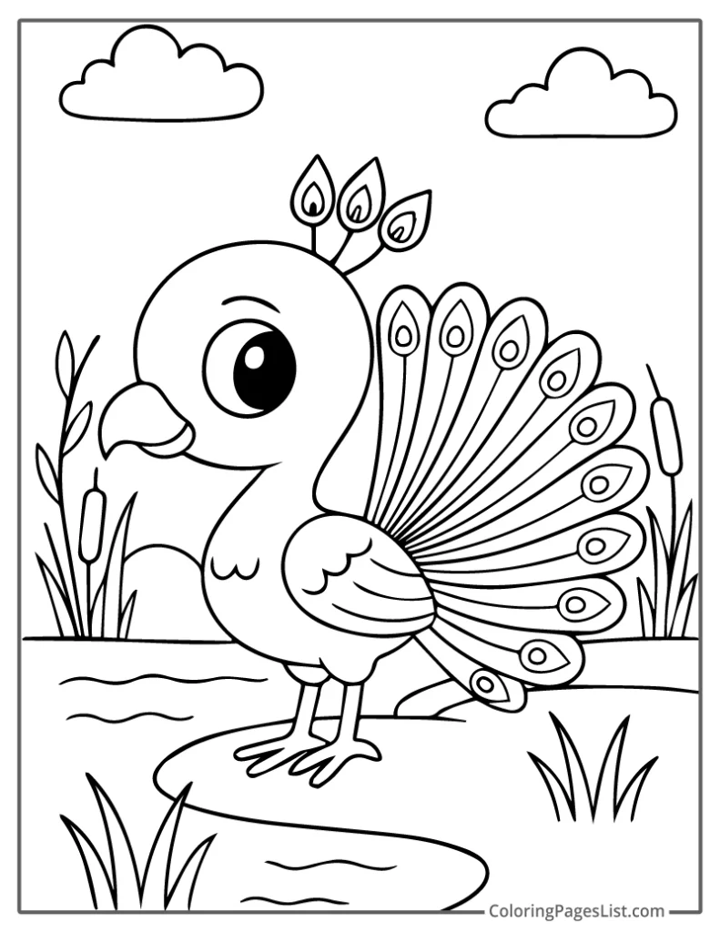 Cute Baby Peacock Standing Near Pond Coloring Sheet