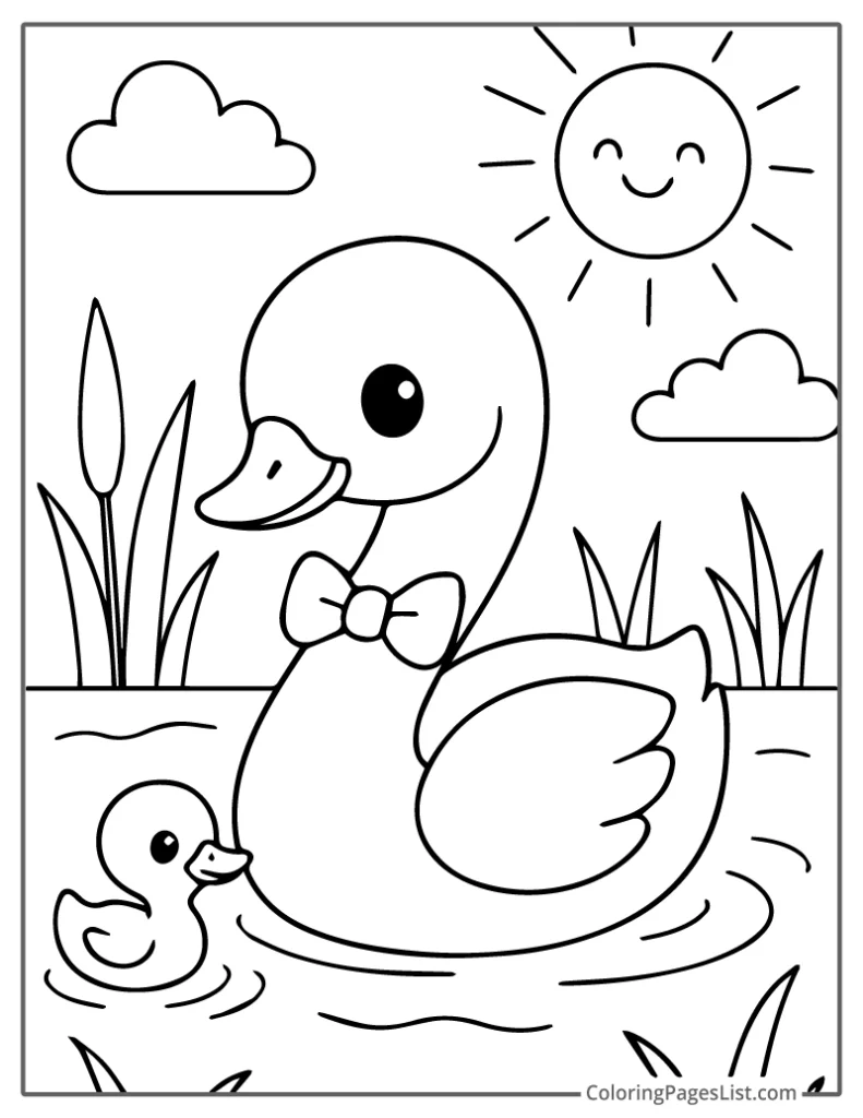 Cute Baby Swan with Bowtie Swimming with Duckling