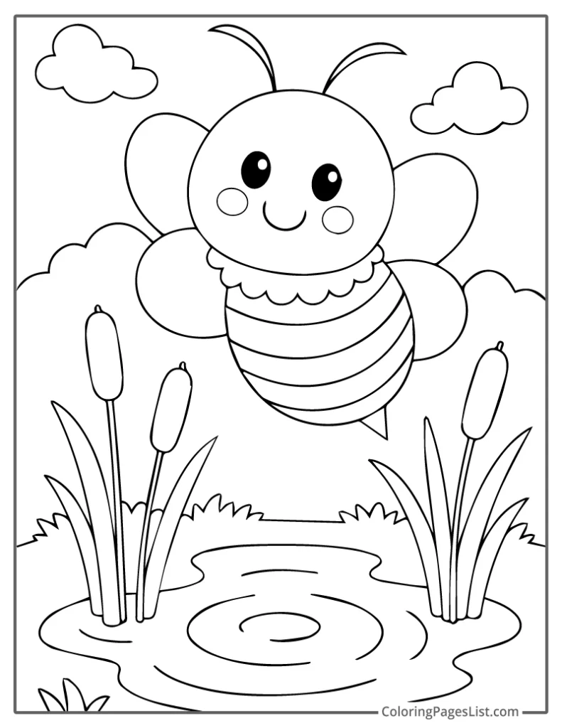 Cute Bee Hovering Above a Lily Pond Coloring Page