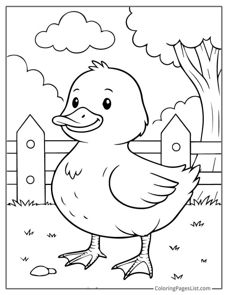 Cute Duck By The Wooden Fence To Color In